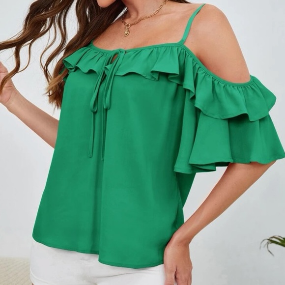 Boho cold shoulder knot front ruffle hem blouse - Picture 12 of 16